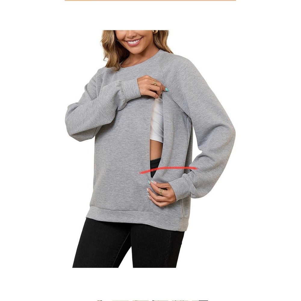 Debelly Womens M Gray Maternity Nursing Crew Pullover with Zippers